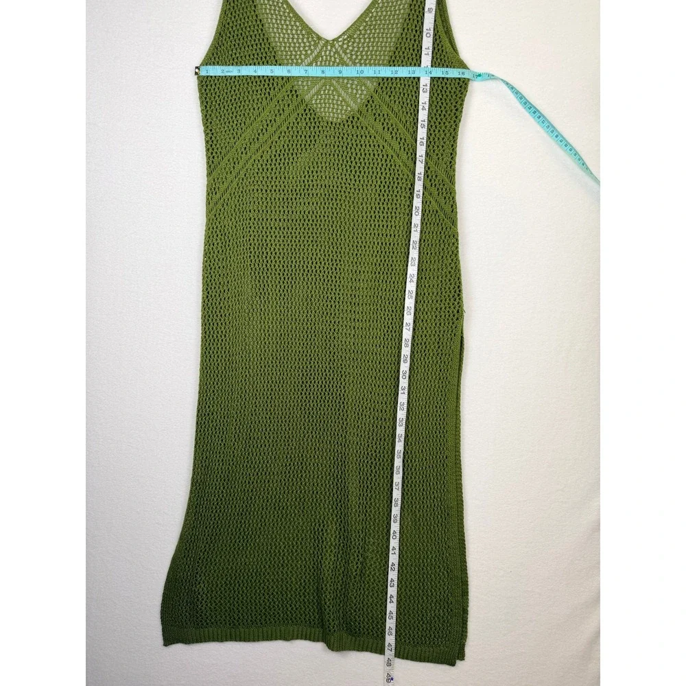 Olive Green Crochet Knit Sheer Midi Dress Beach Cover Up Sleeveless V-Neck Boho